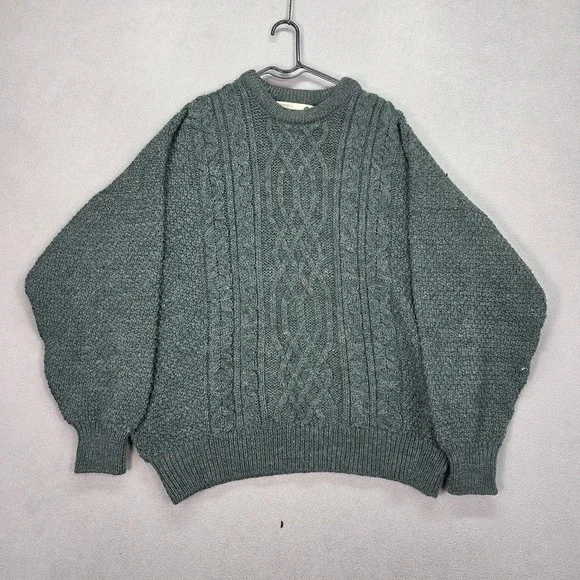 Country Collection Sweater Mens XL Green Wool Aran Cable Knit Crewneck Ireland - Picture 1 of 7